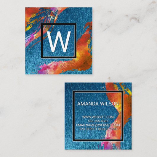 モノグラムウォーター色ブラシ付き |青いテクスチャ スクエア名刺 (正面/裏面)