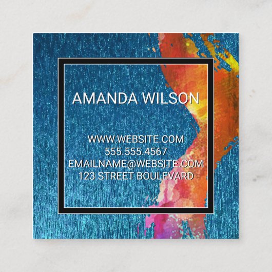 モノグラムウォーター色ブラシ付き |青いテクスチャ スクエア名刺 (裏面)