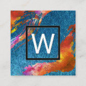 モノグラムウォーター色ブラシ付き |青いテクスチャ スクエア名刺 (正面)