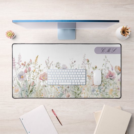 モノグラムウォーター色ワイルドフラワーズフローラ草原 デスクマット (オフィス1)