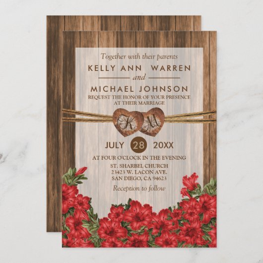 モノグラムウッドハートと赤いユリ 招待状 (正面/裏面)