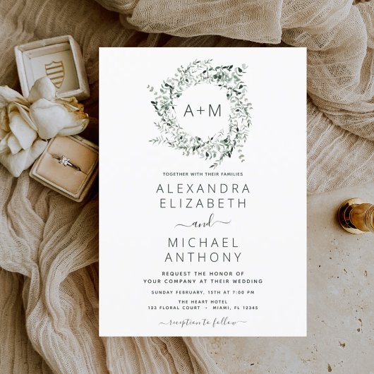 モノグラムエメラルドグリーングリーン結婚式招待状 招待状