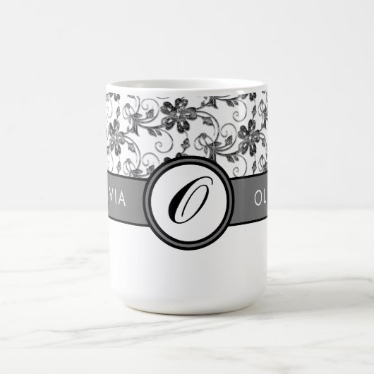 モノグラムエレガントとフローラルパターンブラック コーヒーマグカップ (中央)