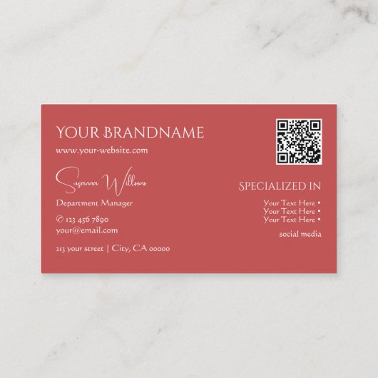 モノグラムエレガントとQRコード付きプレーンインディアンレッド 名刺 (裏面)