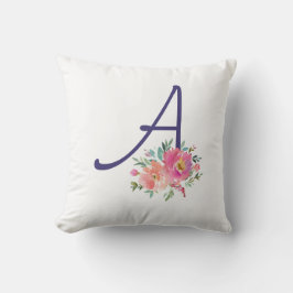 モノグラムエレガントイニシャルピンクウォーターカラーバラ クッション