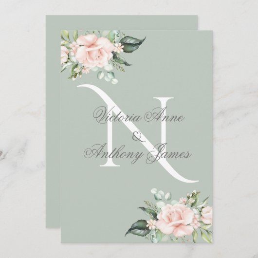 モノグラムエレガントイニシャルフローラセージ結婚グリーン 招待状 (正面/裏面)