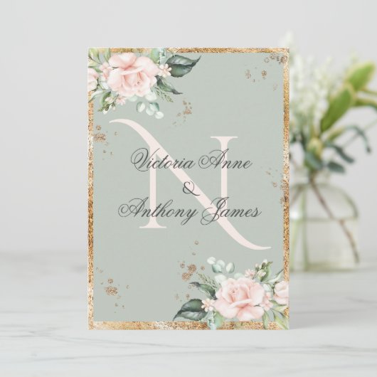 モノグラムエレガントイニシャルフローラセージ金ゴールド結婚ズ 招待状 (スタンド正面)