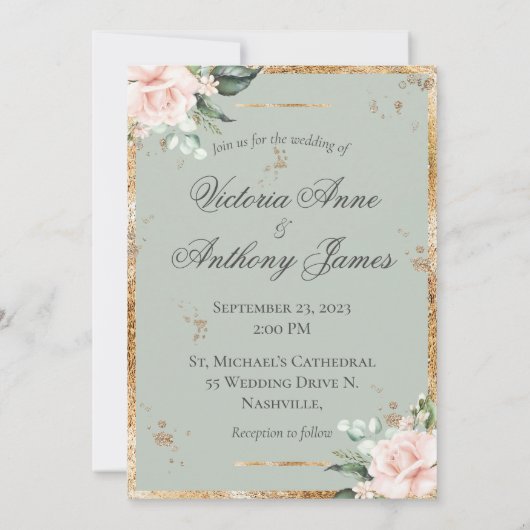 モノグラムエレガントイニシャルフローラセージ金ゴールド結婚ズ 招待状 (裏面)