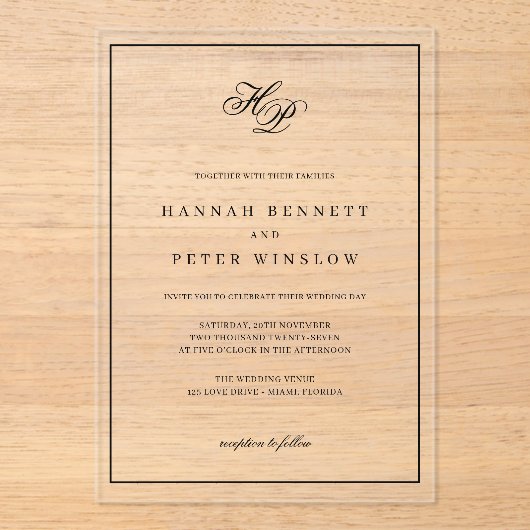 モノグラムエレガントイニシャルブラックフレーム結婚ズ アクリル招待状 (正面)