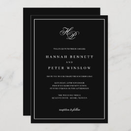 モノグラムエレガントイニシャルブラックフレーム結婚ズ 招待状