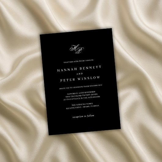 モノグラムエレガントイニシャルブラック&ホワイト結婚ズ 招待状