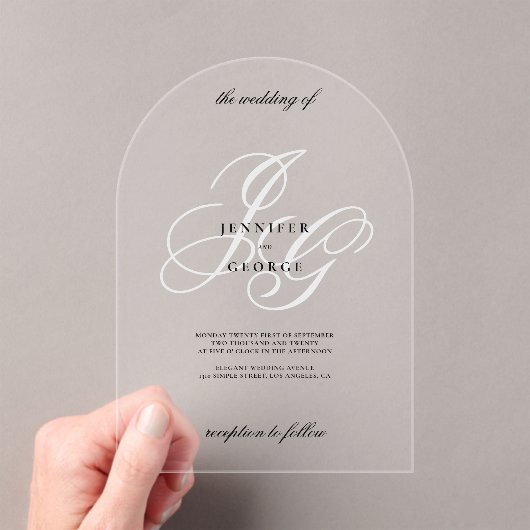 モノグラムエレガントイニシャルホワイトロマン結婚ティック アクリル招待状 (インサイチュ (ポータブル))