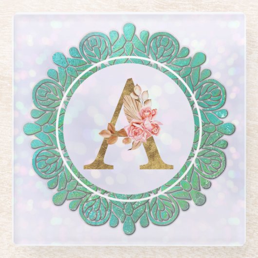 モノグラムエレガントイニシャル文字曼荼羅付き ガラスコースター (正面)