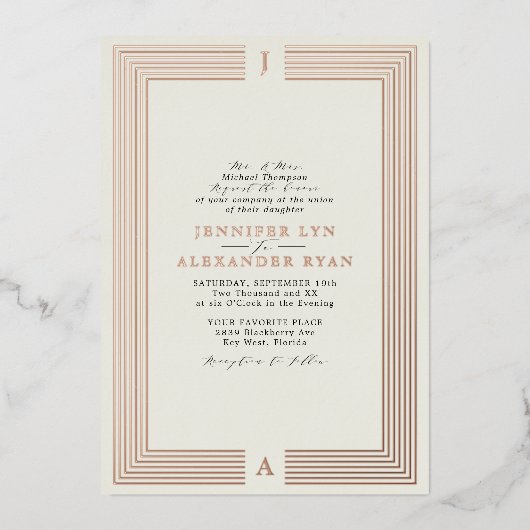 モノグラムエレガントウェディングRSVP QRコード金ゴールド 箔招待状 (正面)