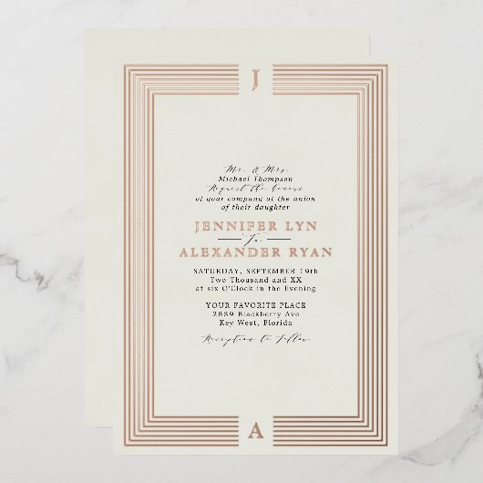 モノグラムエレガントウェディングRSVP QRコード金ゴールド 箔招待状 (正面/裏面)