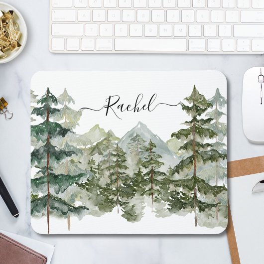 モノグラムエレガントウォーターカラーパインフォレストマウンテン マウスパッド