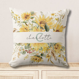 モノグラムエレガントウォーターカラーヒマワリ花束 クッション