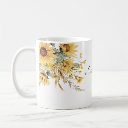モノグラムエレガントウォーターカラーヒマワリ花束 コーヒーマグカップ (左)