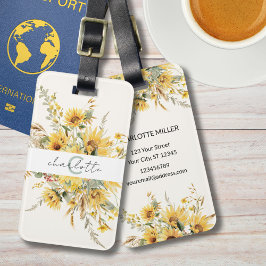 モノグラムエレガントウォーターカラーヒマワリ花束 ラゲッジタグ