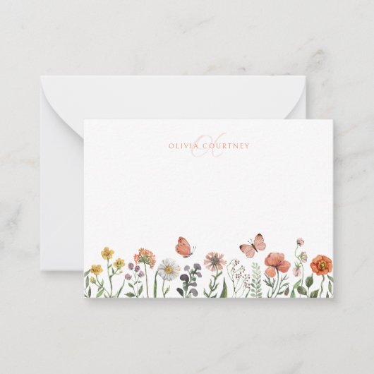 モノグラムエレガントウォーターカラーワイルドフラワーフローラ ノートカード (正面)