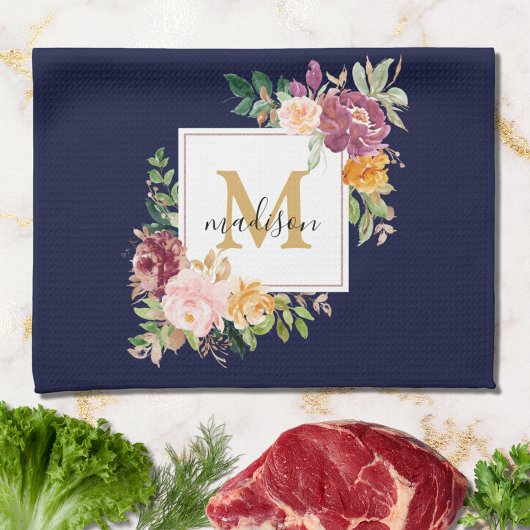 モノグラムエレガントウォーター色バラフローラ植物学 キッチンタオル