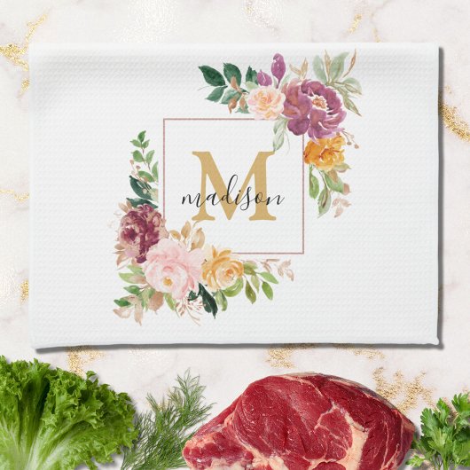 モノグラムエレガントウォーター色バラフローラ植物学 キッチンタオル