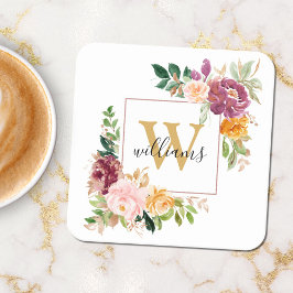 モノグラムエレガントウォーター色バラフローラ植物学 スクエアペーパーコースター