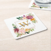 モノグラムエレガントウォーター色バラフローラ植物学 スクエアペーパーコースター (アングル)