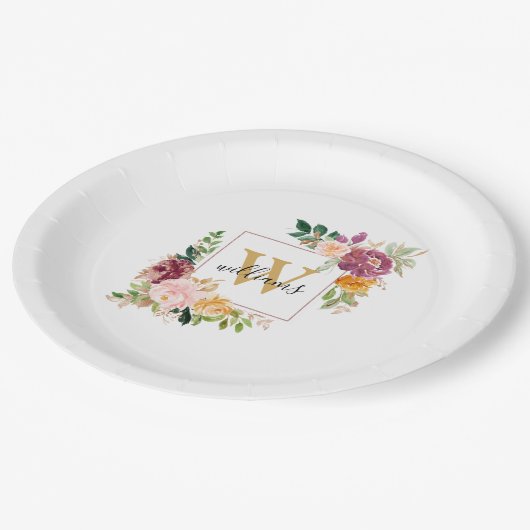 モノグラムエレガントウォーター色バラフローラ植物学 ペーパープレート (アングル)