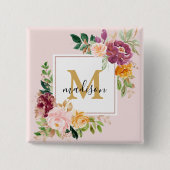 モノグラムエレガントウォーター色バラフローラ植物学 缶バッジ (正面)