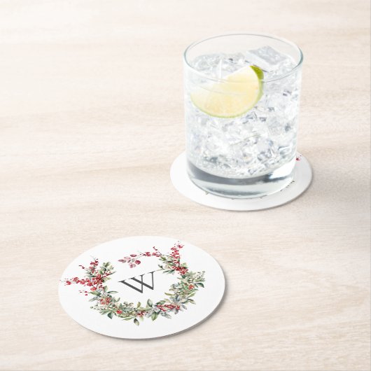 モノグラムエレガントクリスマスホリデーリース ラウンドペーパーコースター (インサイチュ)