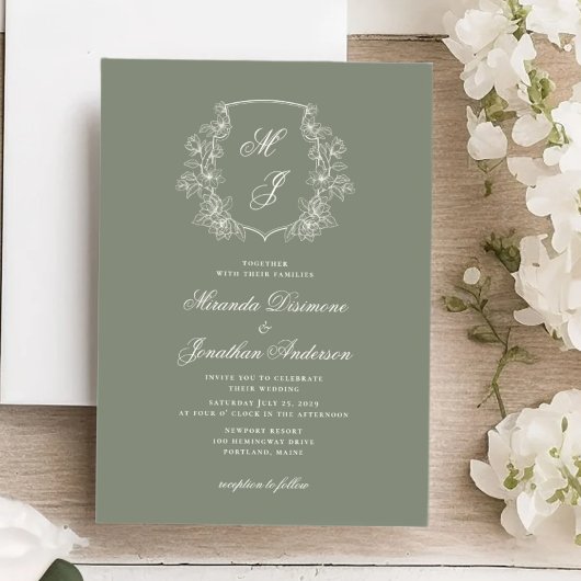 モノグラムエレガントクレストセージ結婚グリーン 招待状