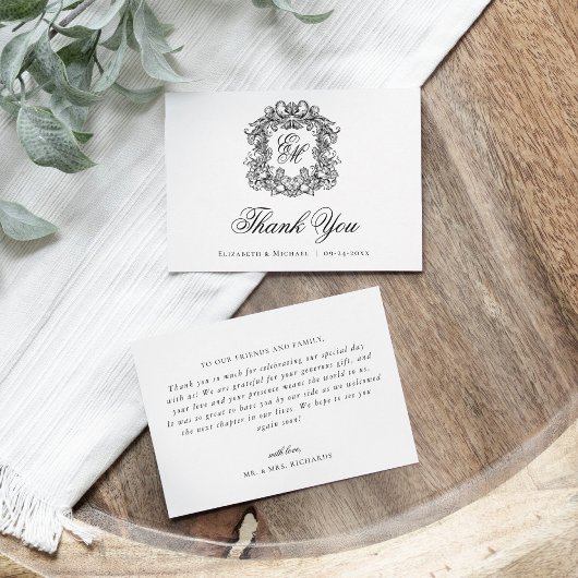 モノグラムエレガントクレストヴィンテージウェディング サンキューカード