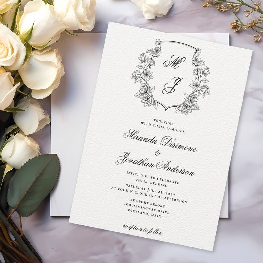 モノグラムエレガントクレスト白黒結婚ズ 招待状