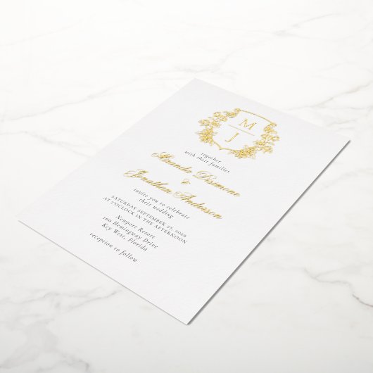 モノグラムエレガントクレスト結婚の金箔インビタティ 箔招待状 (回転した状態)