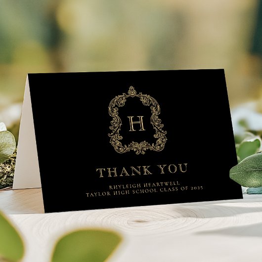 モノグラムエレガントクレスト黒金ゴールド卒業 サンキューカード