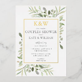 モノグラムエレガントグリーナリーカップルのシャワー金ゴールド 箔招待状