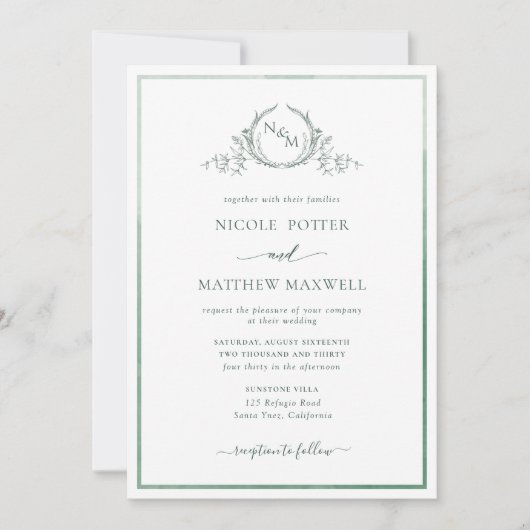 モノグラムエレガントグリーンウォーター結婚カラーのInvitati 招待状 (正面)