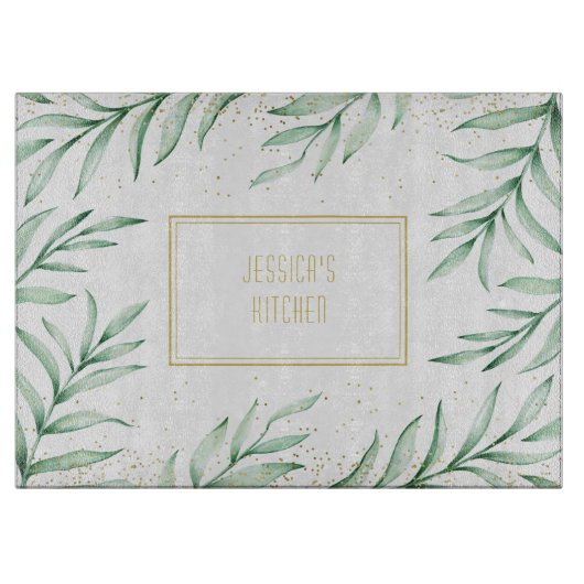 モノグラムエレガントグリーンウォーター葉カラー カッティングボード (正面)