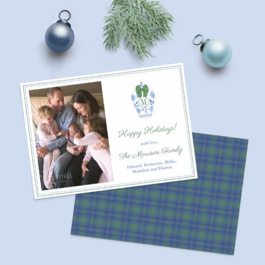 モノグラムエレガントグリーンボウファミリーフォトクリスマス シーズンカード