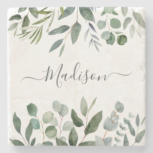 モノグラムエレガントグリーンユーカリ熱帯離れ ストーンコースター (正面)