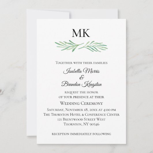 モノグラムエレガントグリーンリー結婚式招待状 招待状 (正面)