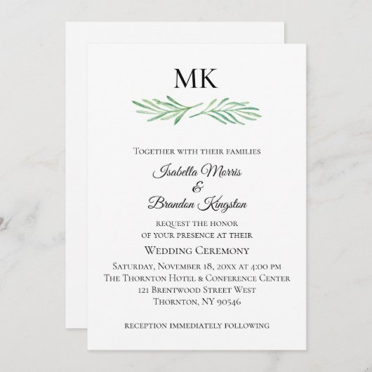 モノグラムエレガントグリーンリー結婚式招待状 招待状 (正面/裏面)