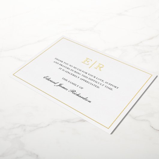 モノグラムエレガントゴールドフォイル葬儀サンキューカード 箔招待状 (回転した状態)