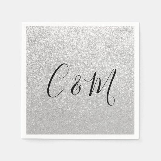 モノグラムエレガントシルバーグリッター結婚ズナプキンス スタンダードカクテルナプキン (正面)