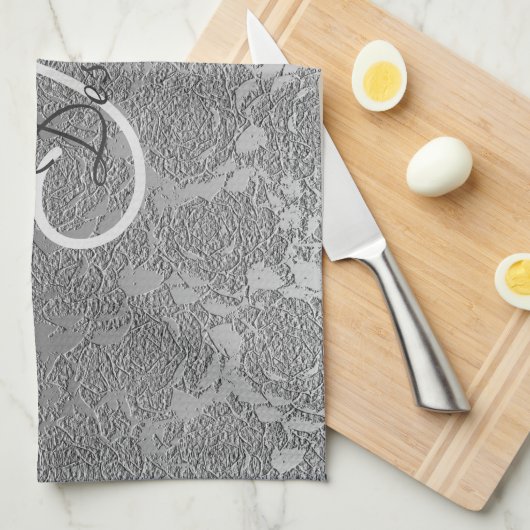 モノグラムエレガントシルバーグレーフローラクモダンラス キッチンタオル (四つ折り)