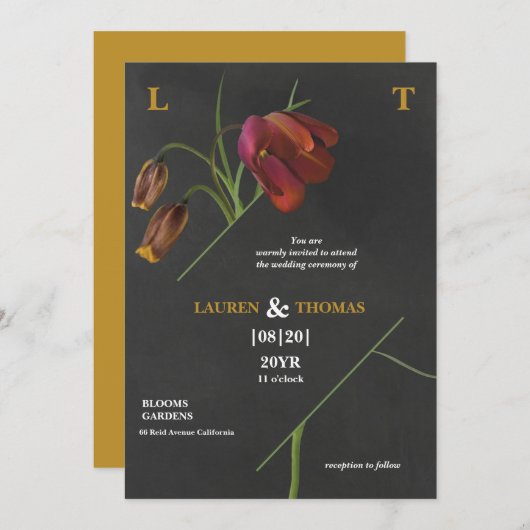 モノグラムエレガントシーグリーン開花チューリップ結婚ズ 招待状 (正面/裏面)