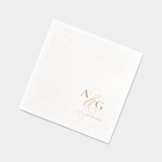 モノグラムエレガントスクリプトアンパ結婚サンドの金ゴールド 箔ナプキン (左)