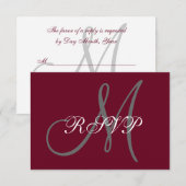 モノグラムエレガントスクリプトバーガンディーグレーウェディングRSVP 出欠カード (正面/裏面)
