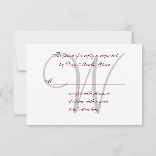 モノグラムエレガントスクリプトバーガンディーグレーウェディングRSVP 出欠カード (裏面)